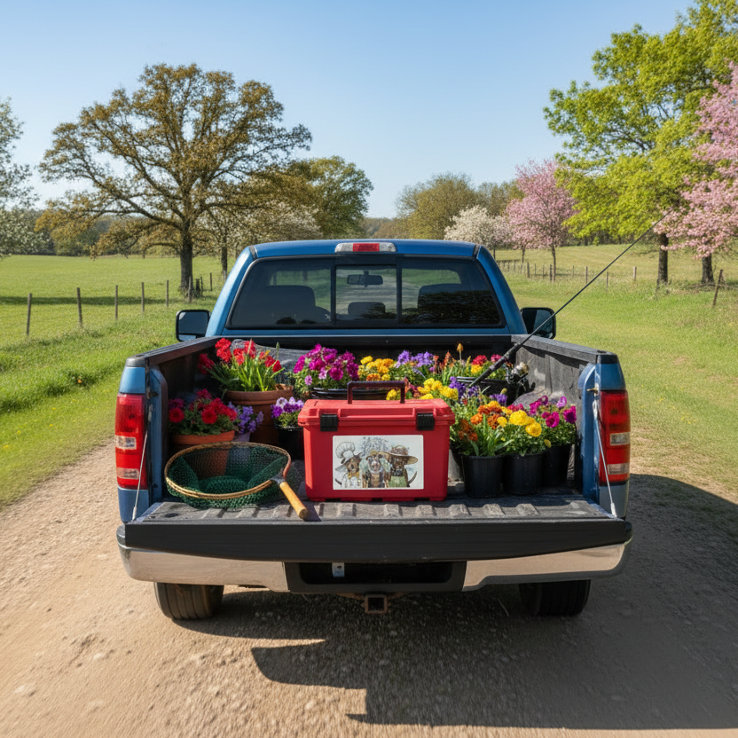 Decal on a tackle box in the back of a pick delivering flowers beside the fishing pole and net on a country road.