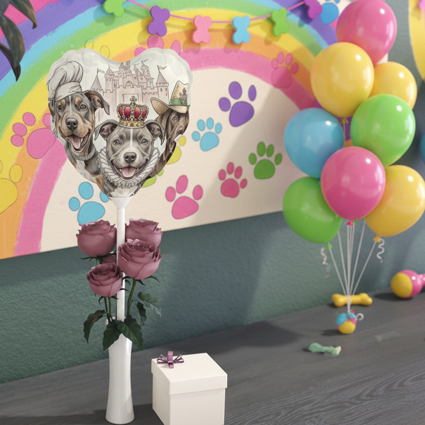 Decorative setup with balloons, flowers, and a rainbow arch featuring cartoon dogs and paw prints.