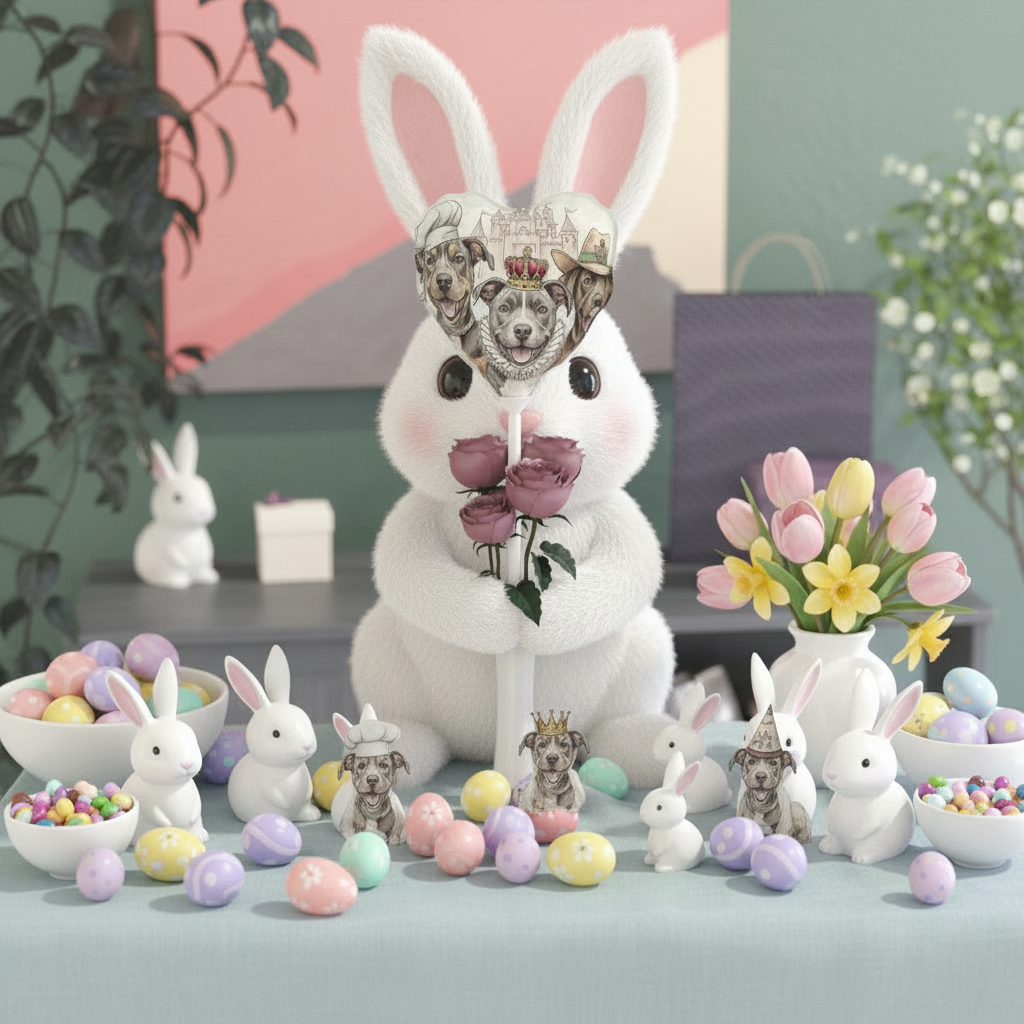 White plush bunny with dog faces holding flowers and Queen June balloon, surrounded by Easter decorations.
