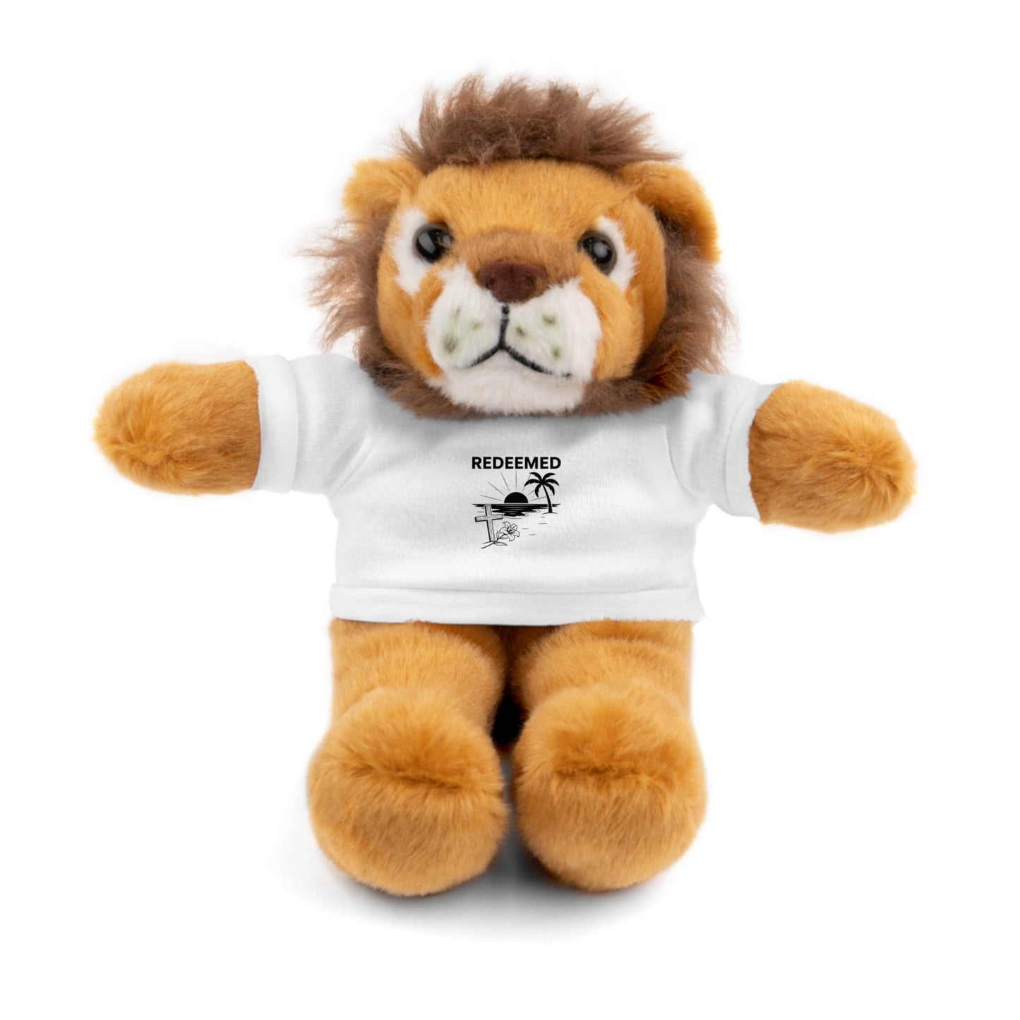 Plush lion toy wearing a white t-shirt with text and graphics on a white background