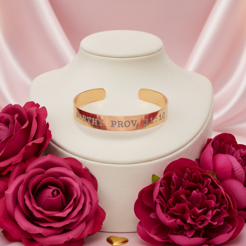 Worthy - Gold bracelet with engraved text on a white jewelry box surrounded by pink roses.