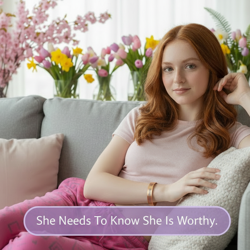 Woman sitting on a couch with flowers in the background, with text overlay 'She Needs To Know She Is Worthy.'  She is wearing a Velvet Fortress gold engraved cuff bracelet featuring the inspirational message 'She Needs To Know She Is Worthy' and the scripture Proverbs 31:10. This mission-driven jewelry piece represents the brand's commitment to empowering women and girls with a reminder of their inherent value and strength.
