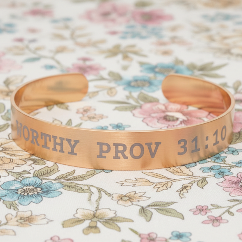 Gold bracelet with 'Worthy Prov 31:10' text on a floral background