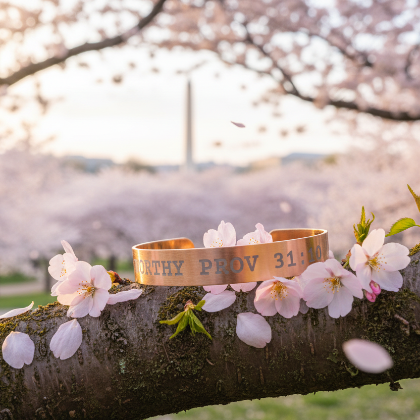 Gold bracelet with 'PROV 31:8' engraving on a cherry blossom branches.