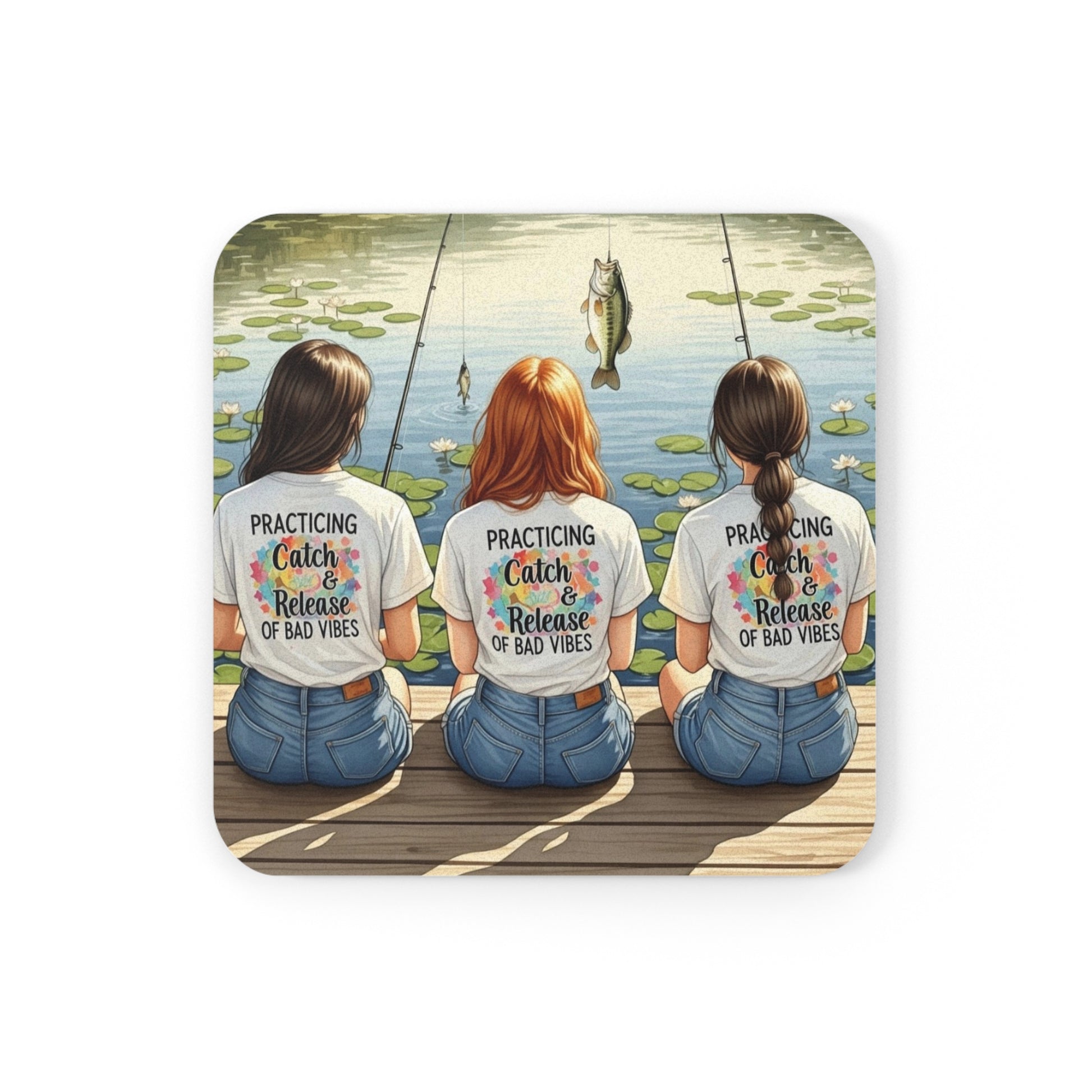 Coaster with illustration of three women fishing on a dock, wearing matching t-shirts with a lake and lily pad background.