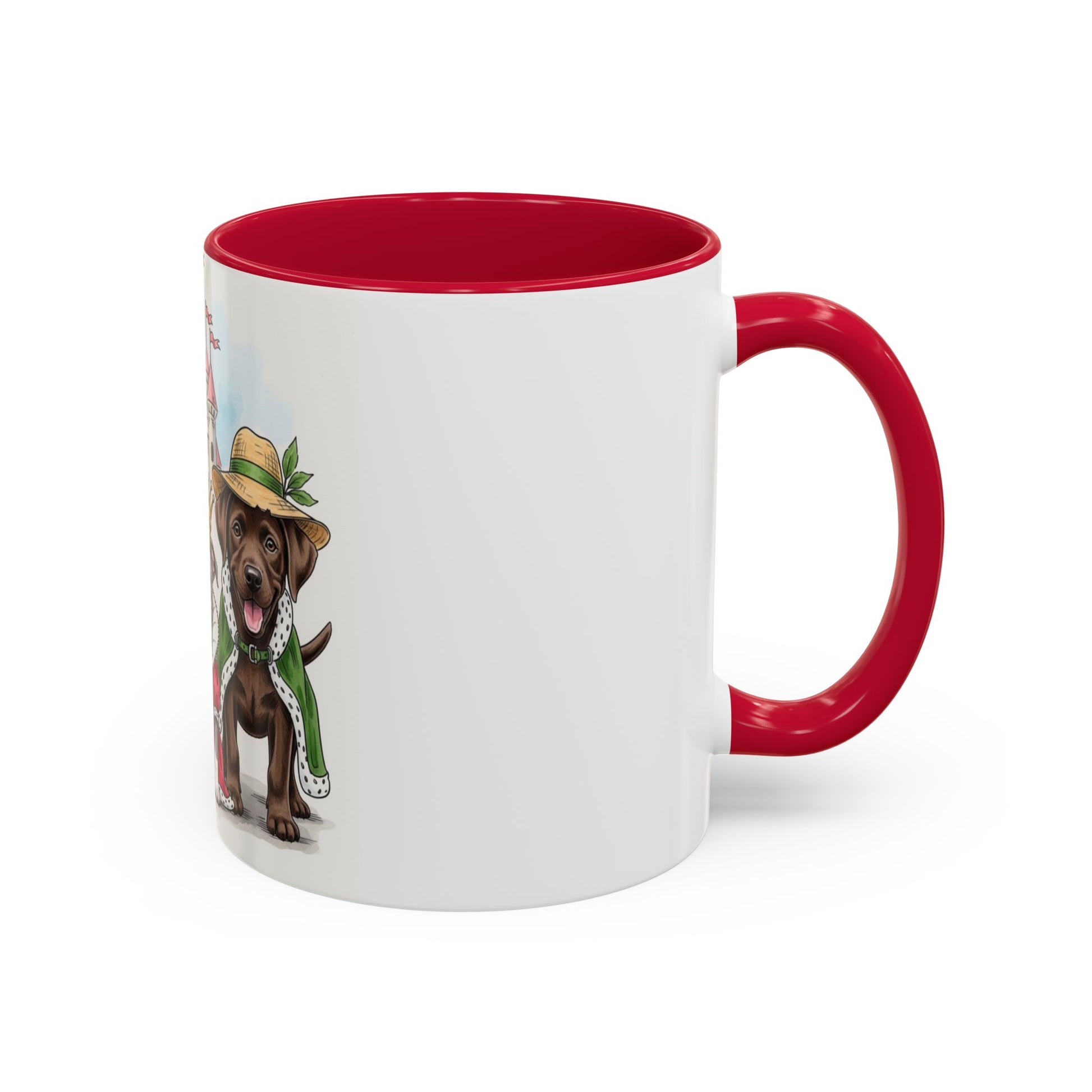 White mug with red interior and handle featuring a dog illustration on a white background