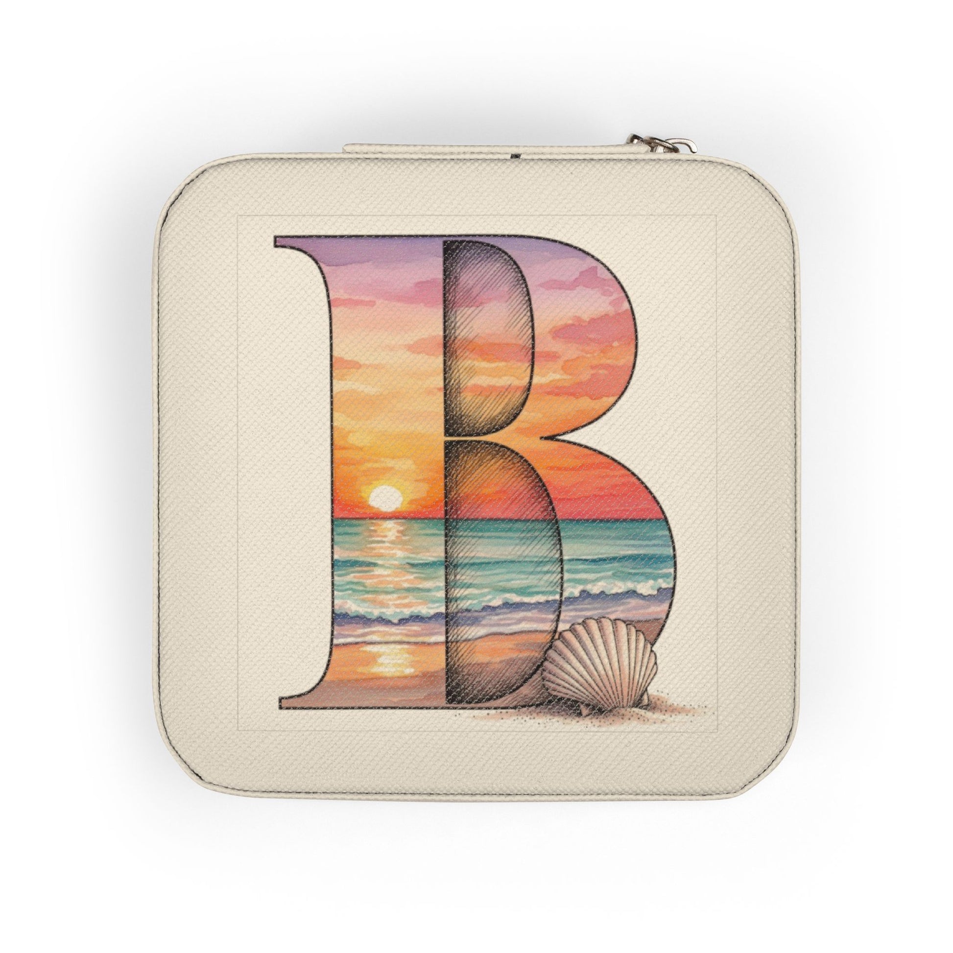 Square pouch with a design of the letter 'B' featuring a beach sunset and shell, on a white background.