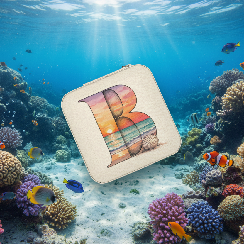 Beige pouch with a colorful letter 'B' design underwater with fish and coral.
