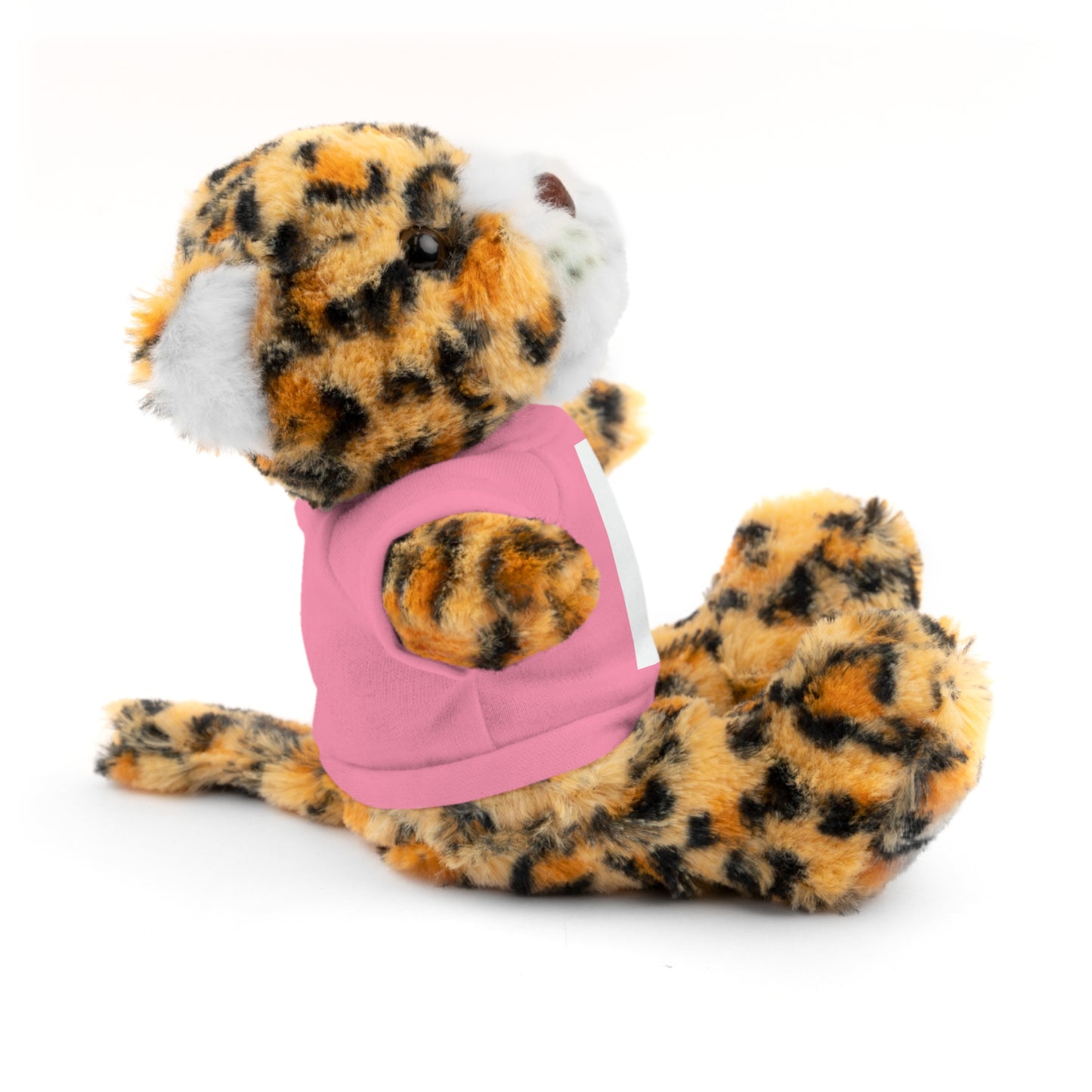 Plush toy with leopard print design wearing a pink shirt on a white background
