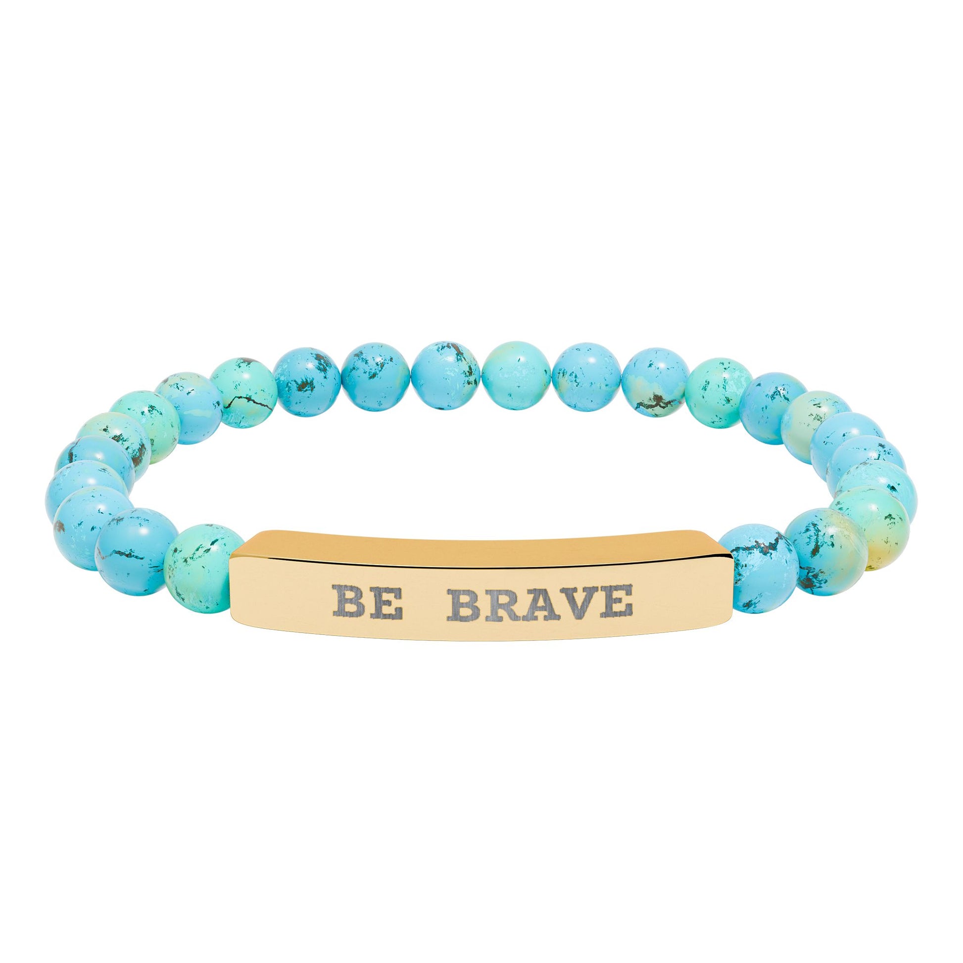 Natural Stone Turquoise beaded stretch bracelet with gold bar featuring 'BE BRAVE' on a white background