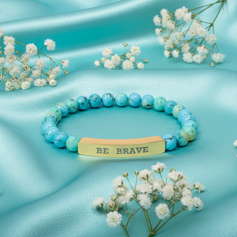 Natural Stone beaded stretch Turquoise bracelet with 'BE BRAVE' bar on a blue fabric background with white baby breath flowers.