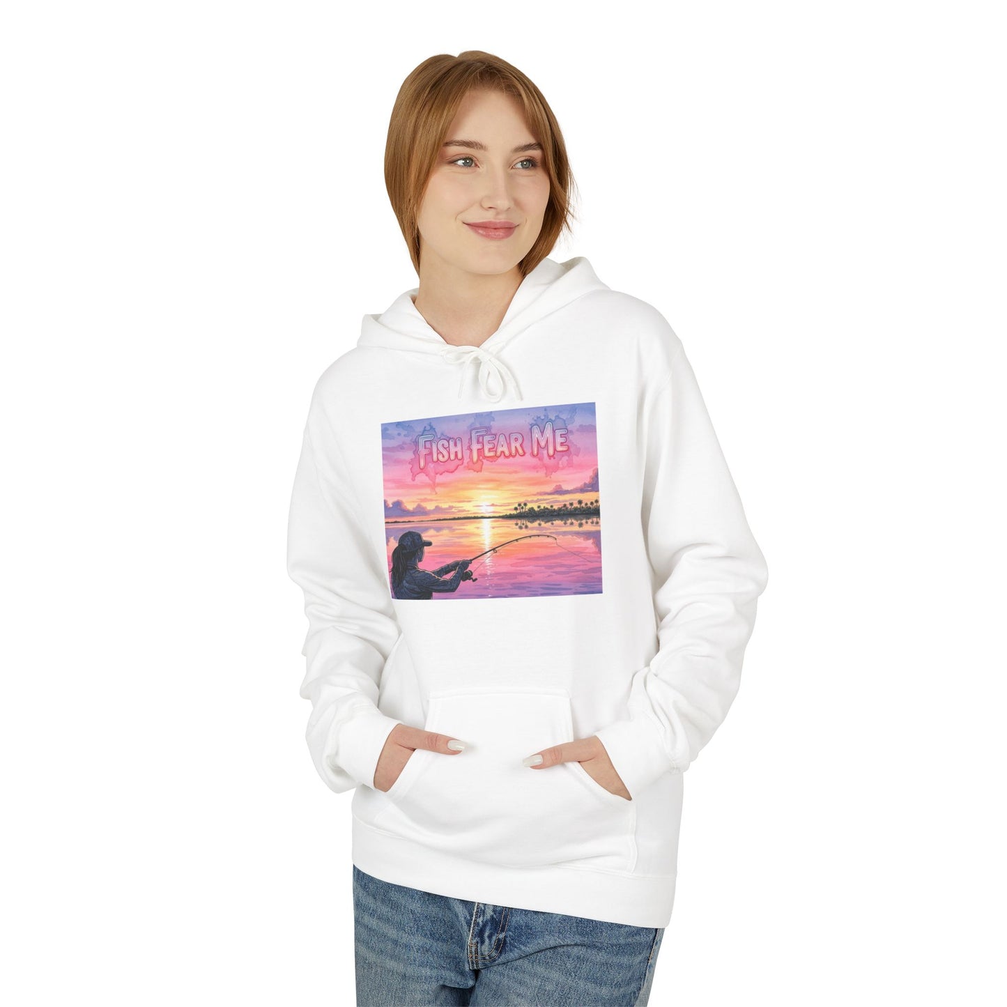 Person wearing a white hoodie with a colorful graphic design on a white background