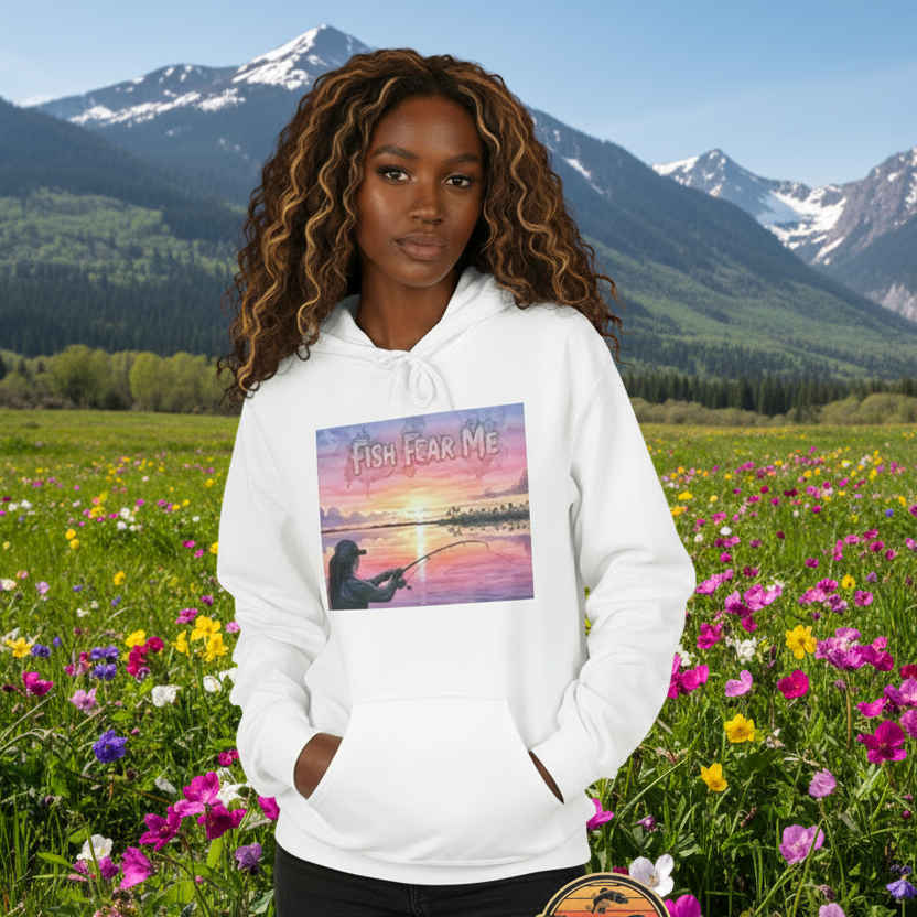 Person wearing a white hoodie with a graphic design in a field with mountains in the background