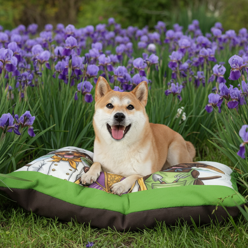 dog sitting on a pet bed pillow with a background of Siberian irises in bloom
