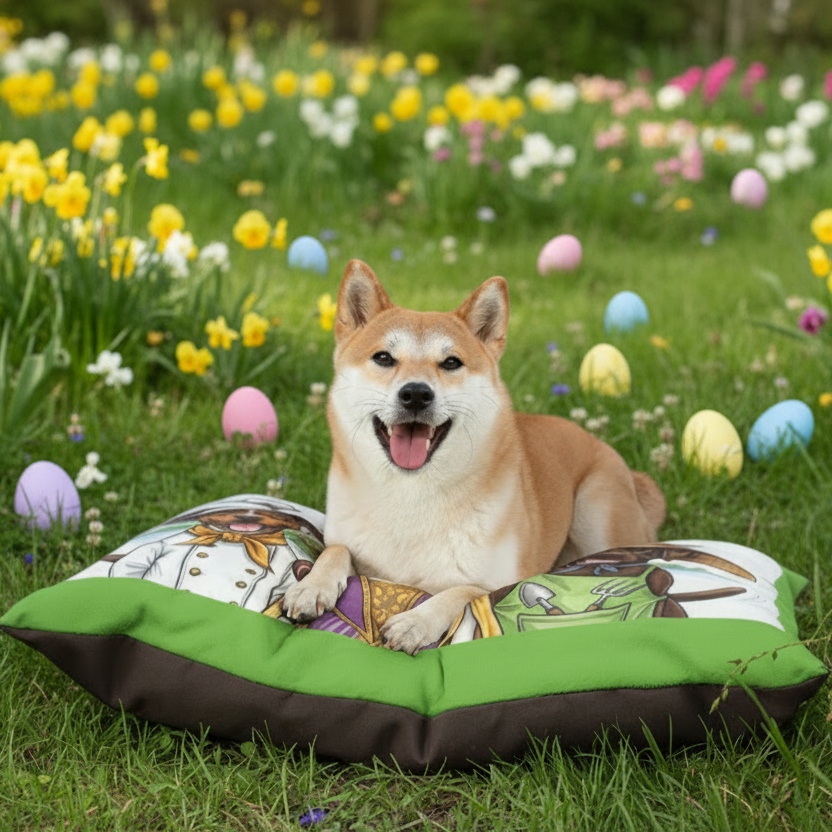Dog lying on a colorful pillow in a field of flowers with Easter eggs.