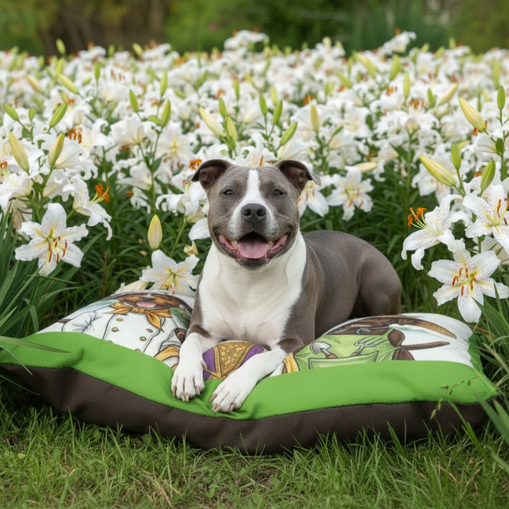dog sitting on a pet bed pillow with a background of white tiger lilies in bloom