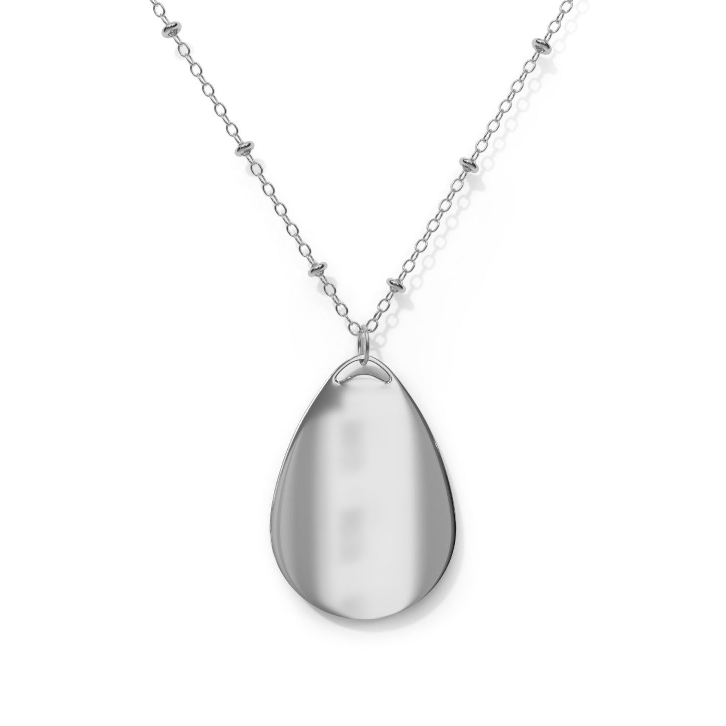 Back of Silver teardrop pendant necklace on a white background
