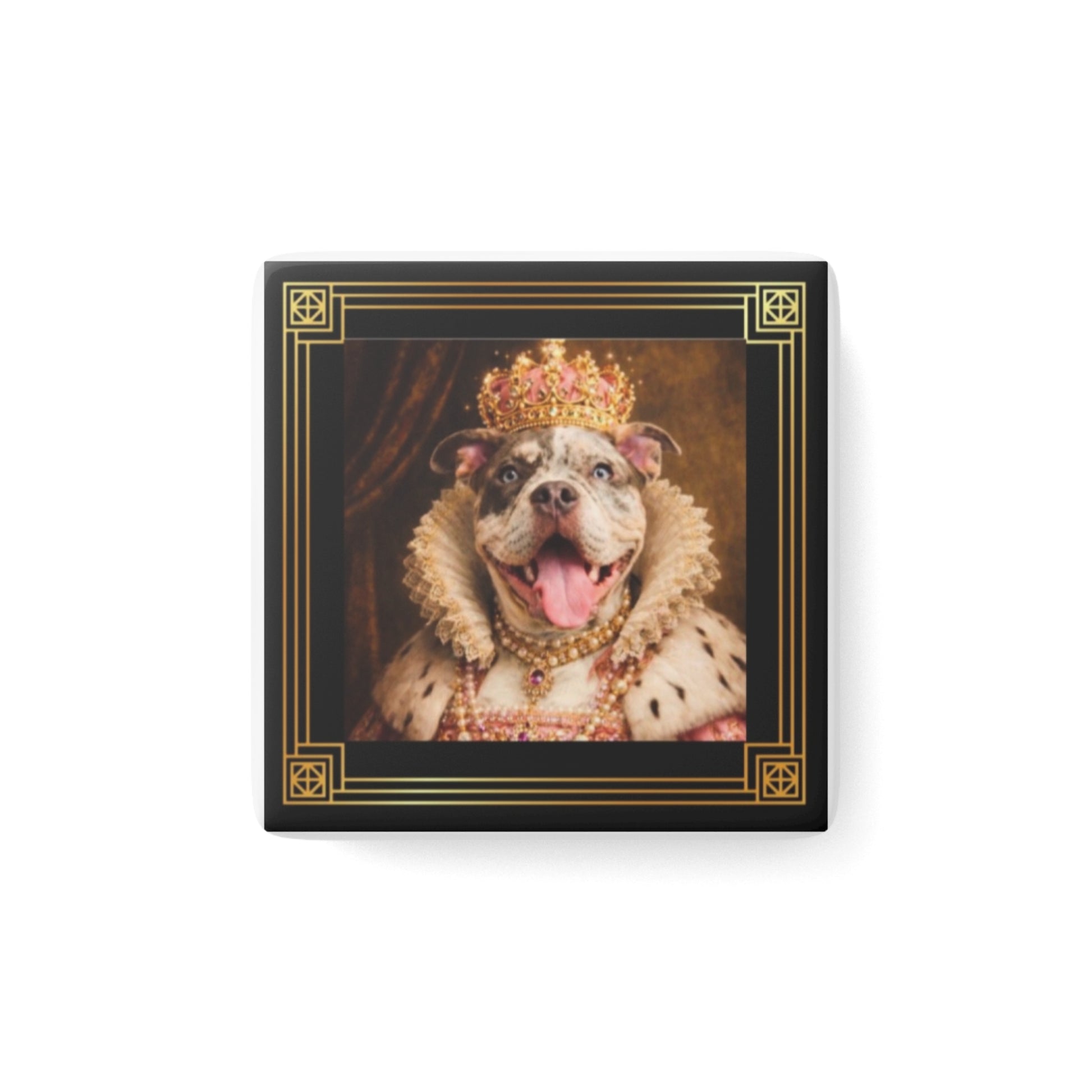 Dog with a crown and jewelry in a decorative magnet on a white background