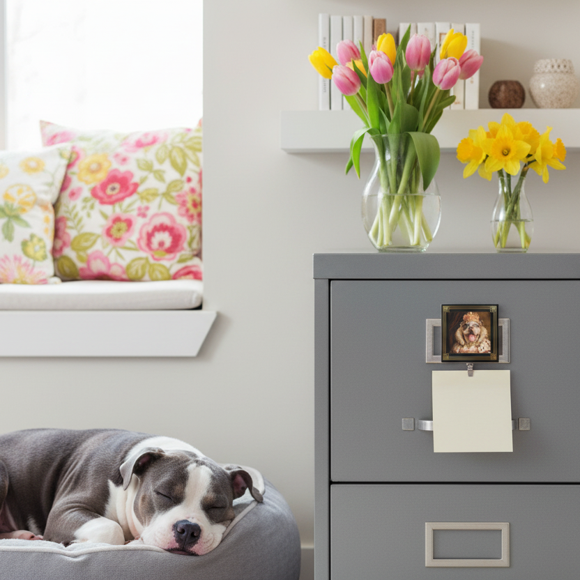 Pitt bull dog lying on a bed next to a gray filing cabinet with Queen June magnet with flowers and a note.