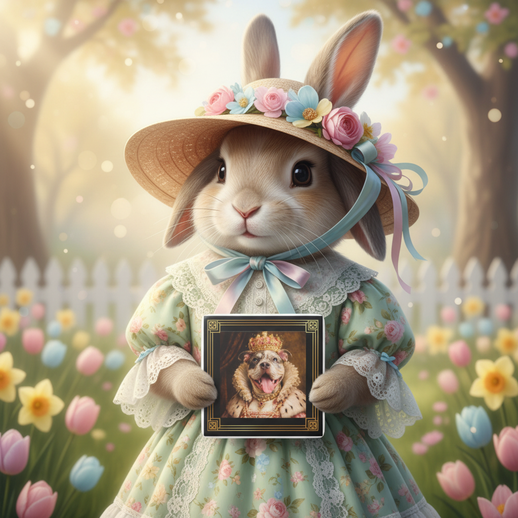 Illustration of a bunny in a floral dress and hat holding a refrigerator magnet in a garden setting.