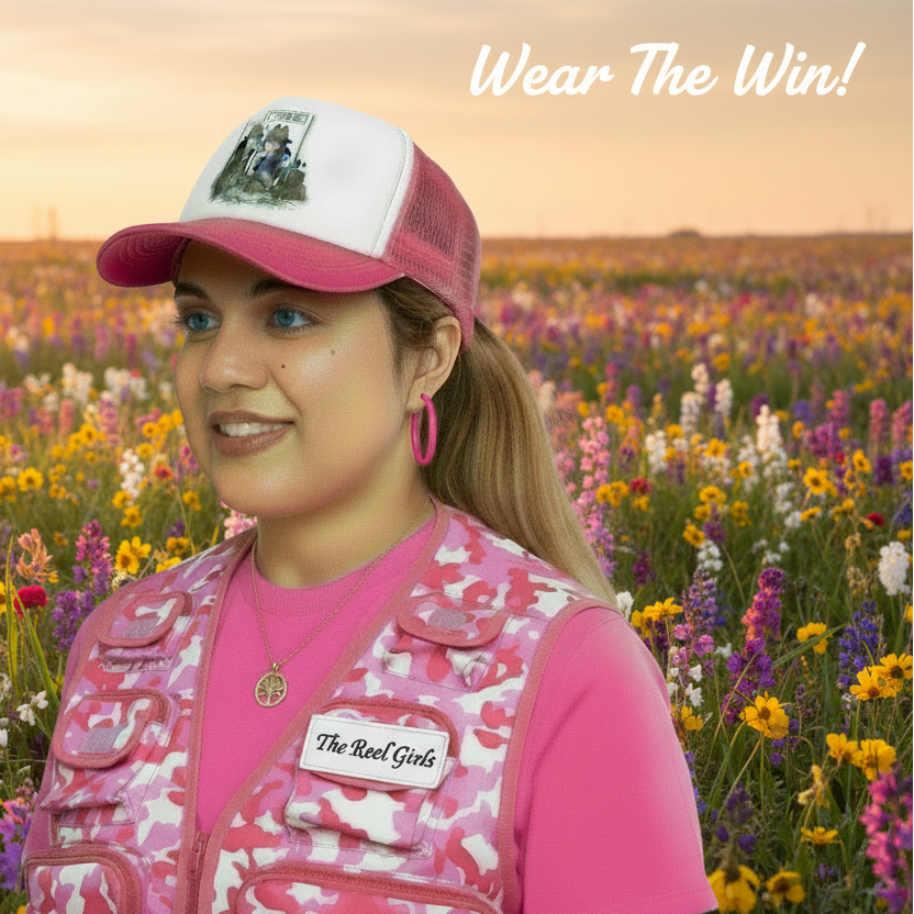 Woman in pink cap and vest standing in a field of flowers with 'Wear The Win!' text.