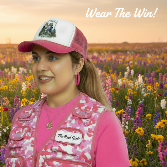 Woman in pink cap and vest standing in a field of flowers with 'Wear The Win!' text.