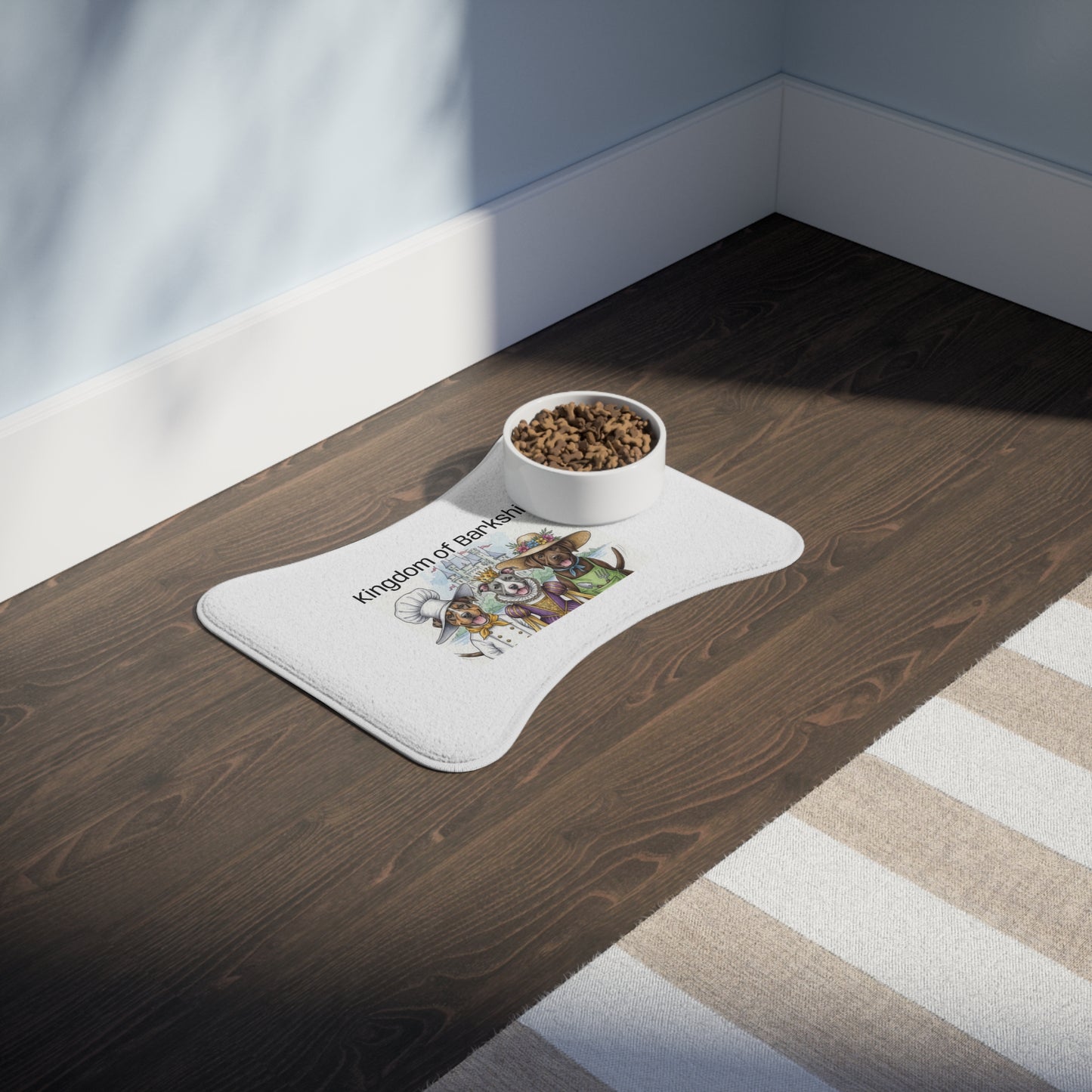 white bowl with pet food on a "Kingdom of Barkshire" feeding mat