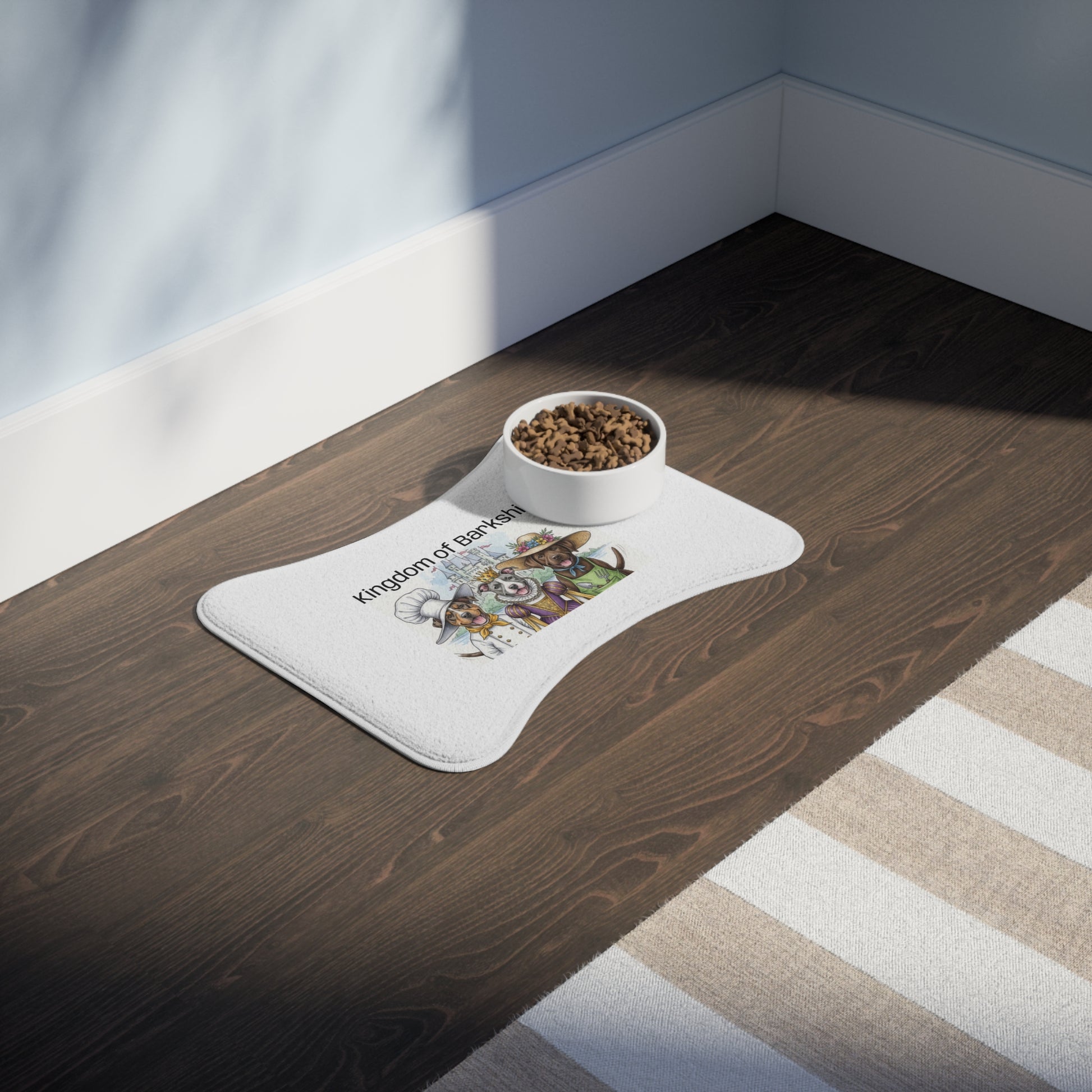 white bowl with pet food on a "Kingdom of Barkshire" feeding mat