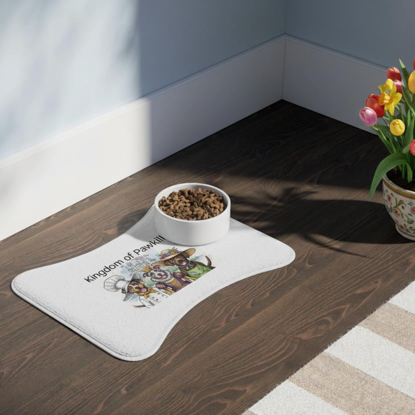 Bone shaped pet food mat, with a white bowl of food, in the corner of a room with a spring flowers pot. The pet food mat depicts the "Kingdom of Barkshire" trio of Royal pet rulers.