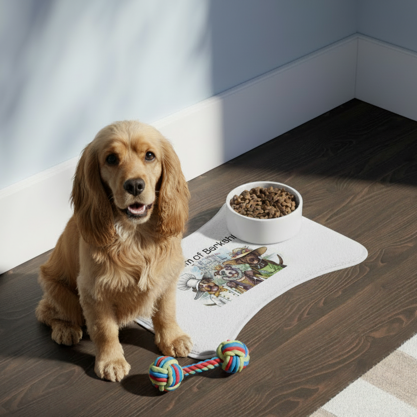 Dog sitting on a wooden floor with a bowl of food and a toy nearby.