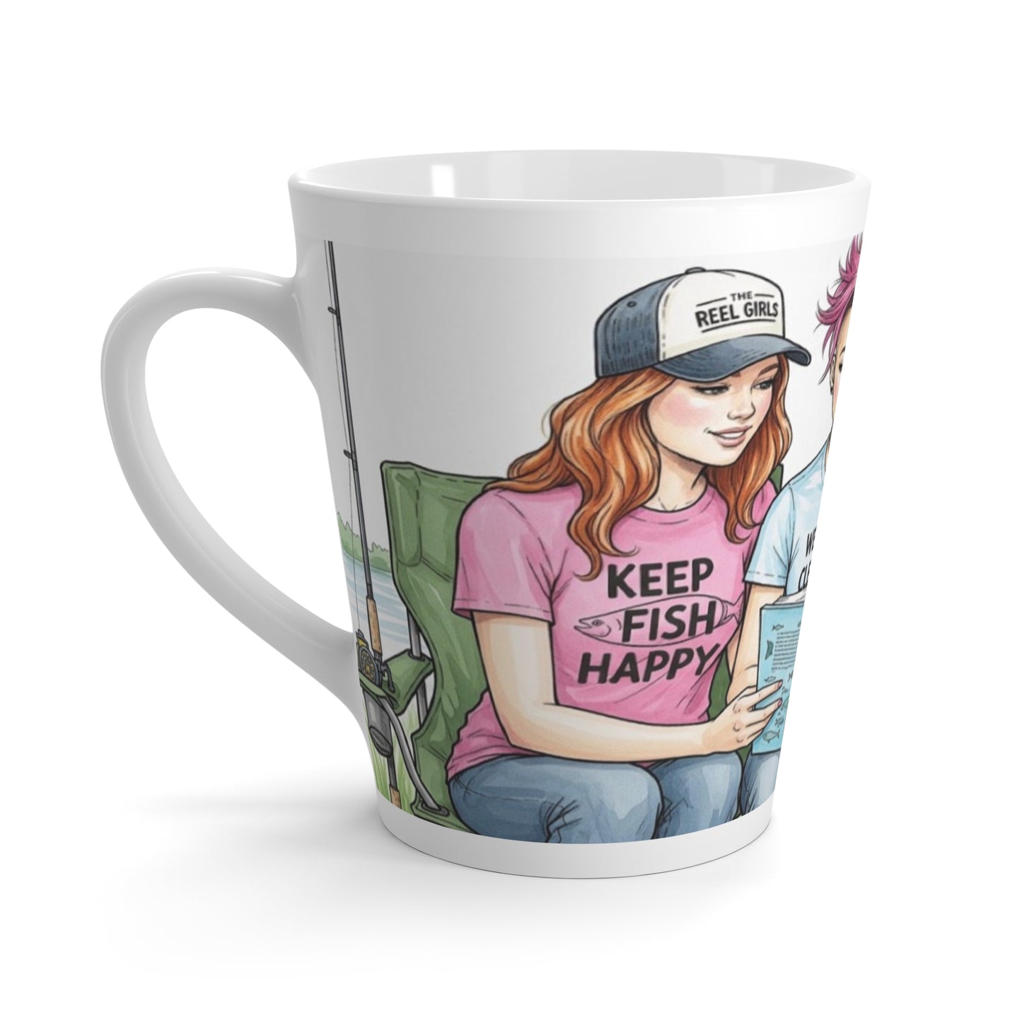 Mug with a design of a woman wearing a 'Keep Fish Happy' shirt and a cap, sitting on a chair.