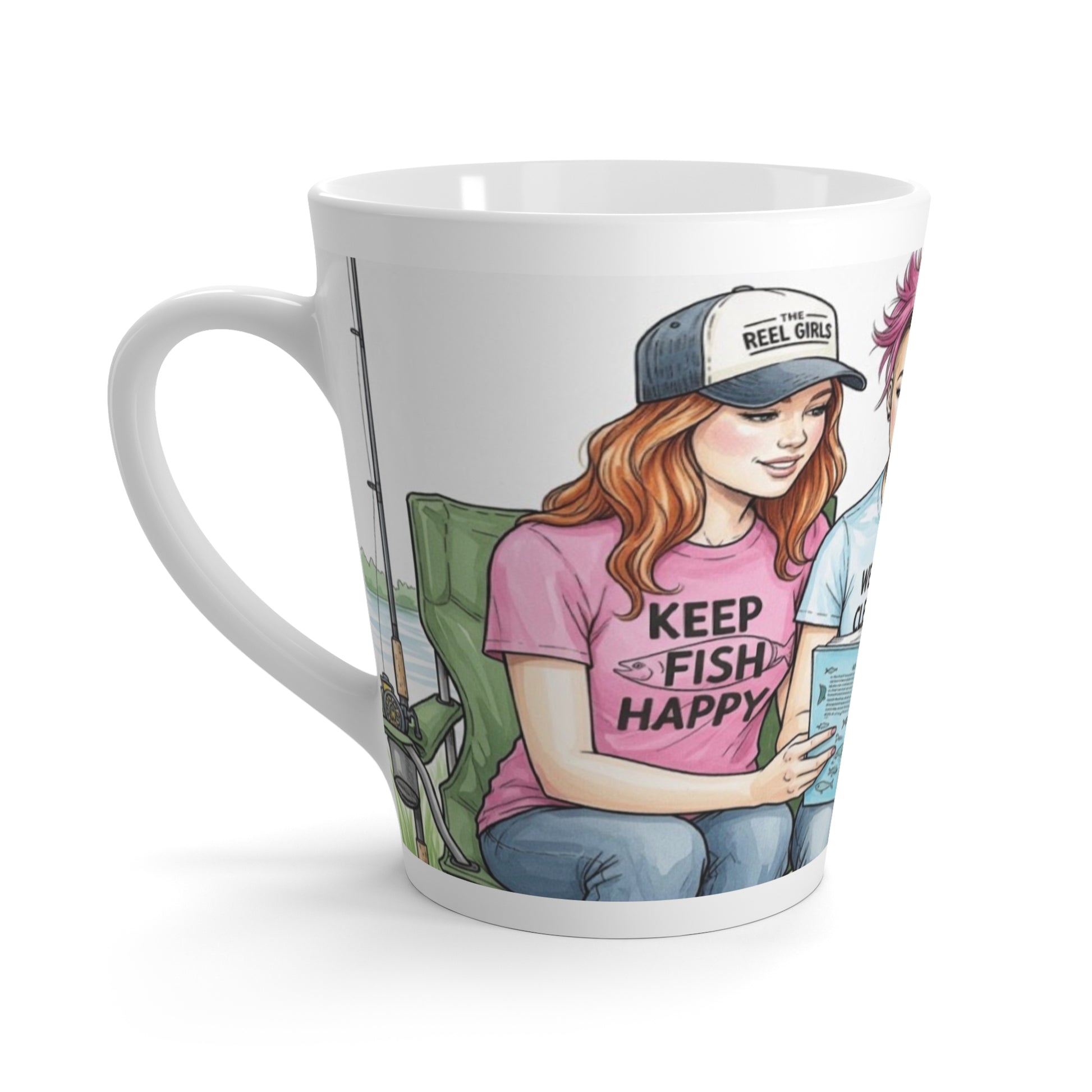 Mug with a design of a woman wearing a 'Keep Fish Happy' shirt and a cap, sitting on a chair.
