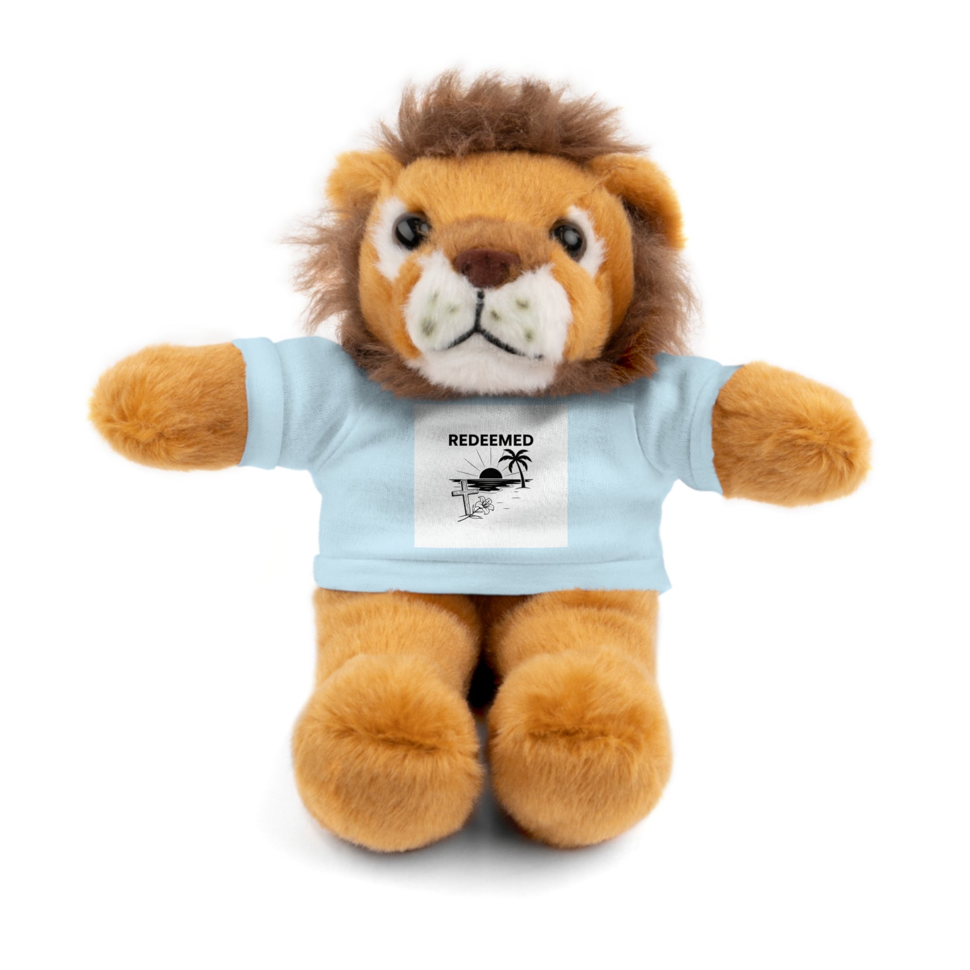 Plush lion toy wearing a blue t-shirt with a 'REDEEMED' graphic on a white background