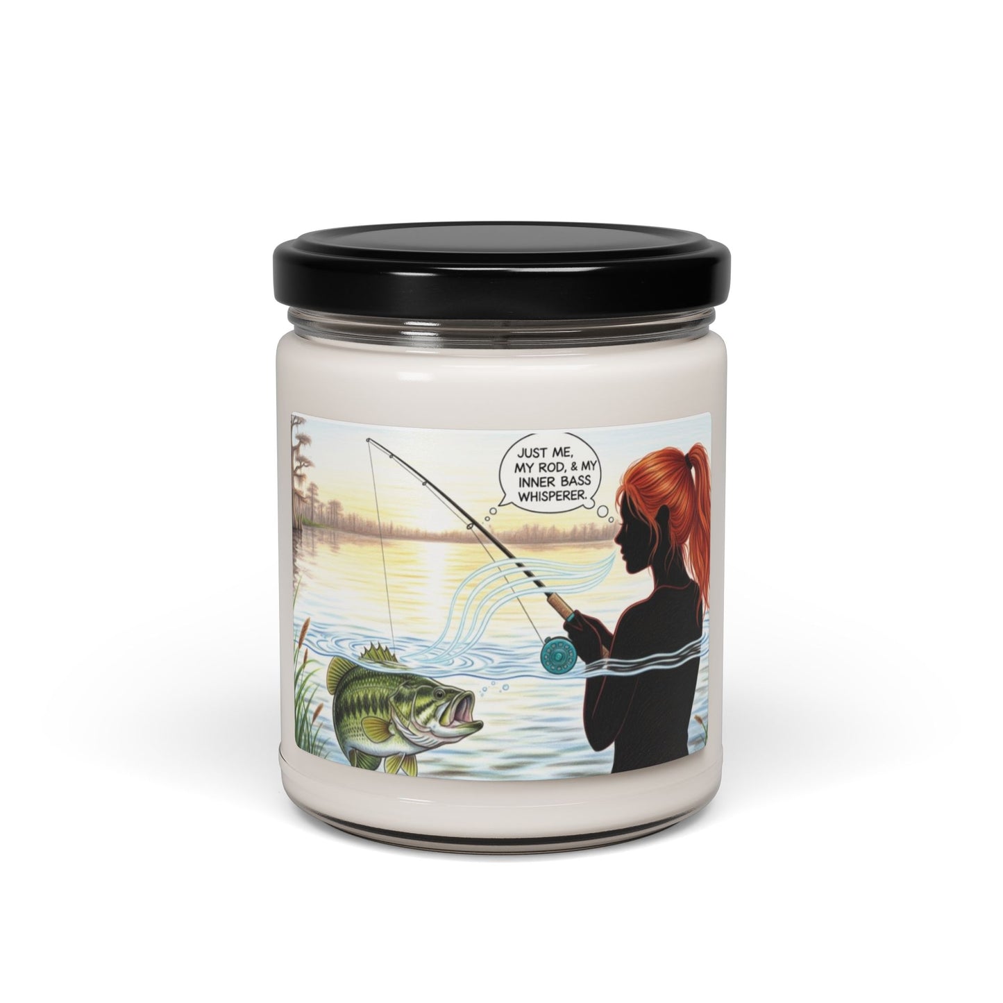 Candle jar with a fishing-themed label featuring a woman and fish.