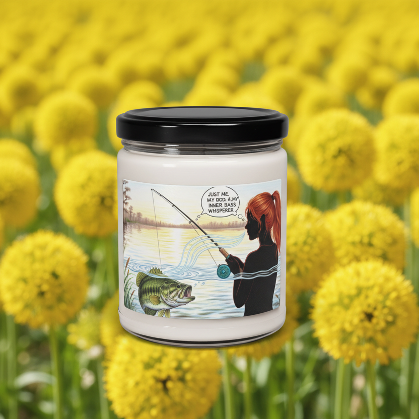 Candle jar with a fishing-themed label in front of yellow flowers