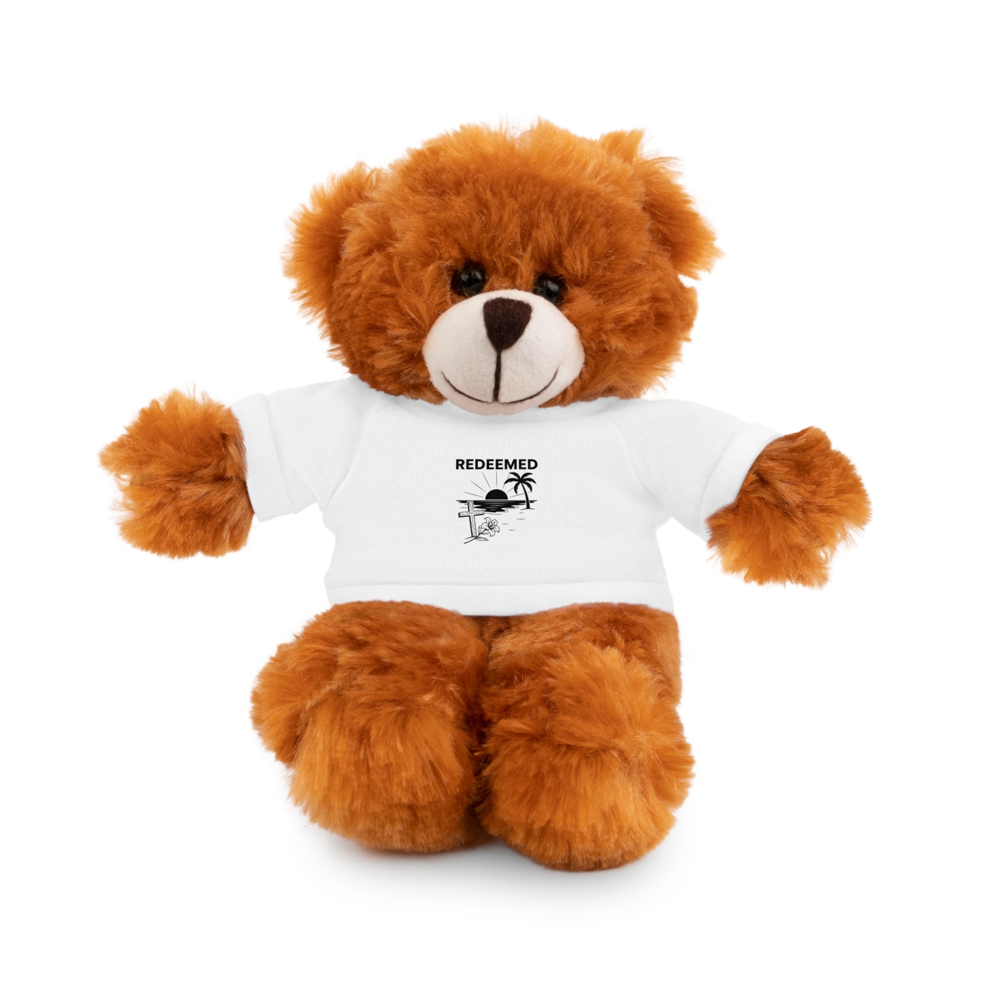 Brown teddy bear wearing a white shirt with text on a white background