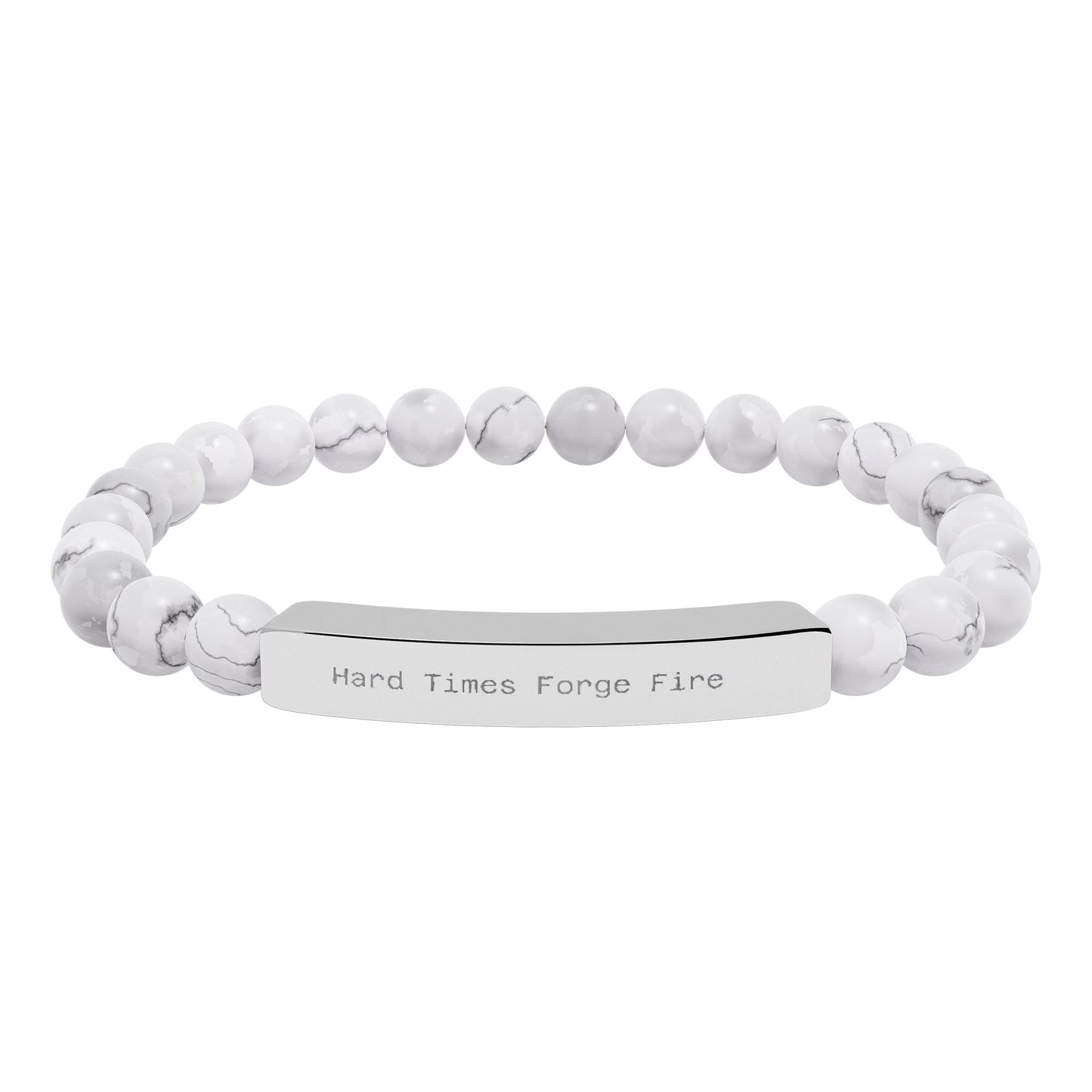 Hard Times Forge Fire Natural Stone - White beaded bracelet with a silver tag on a white background