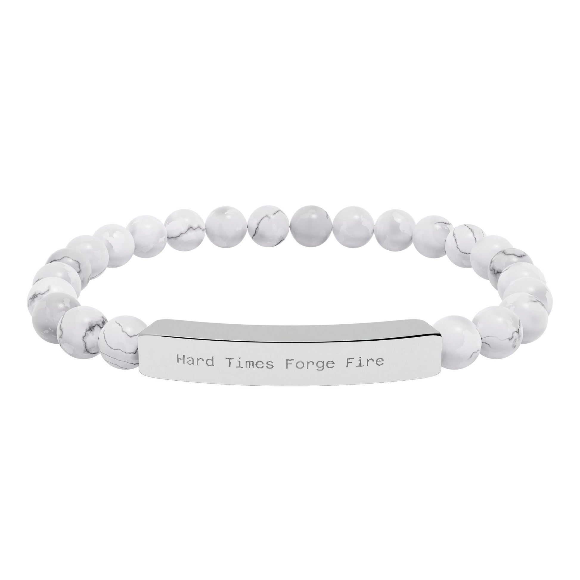 Hard Times Forge Fire Natural Stone - White beaded bracelet with a silver tag on a white background