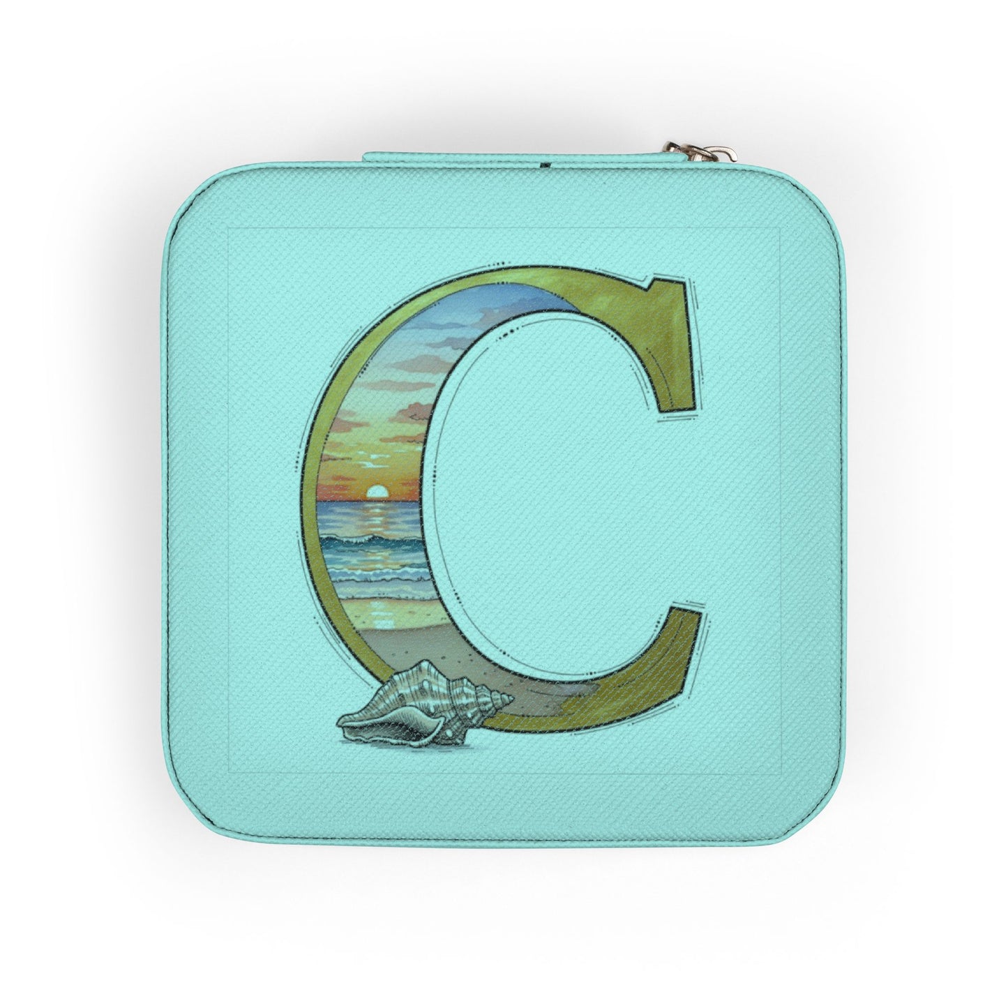 Turquoise pouch with a large letter 'C' design featuring a beach scene on a white background