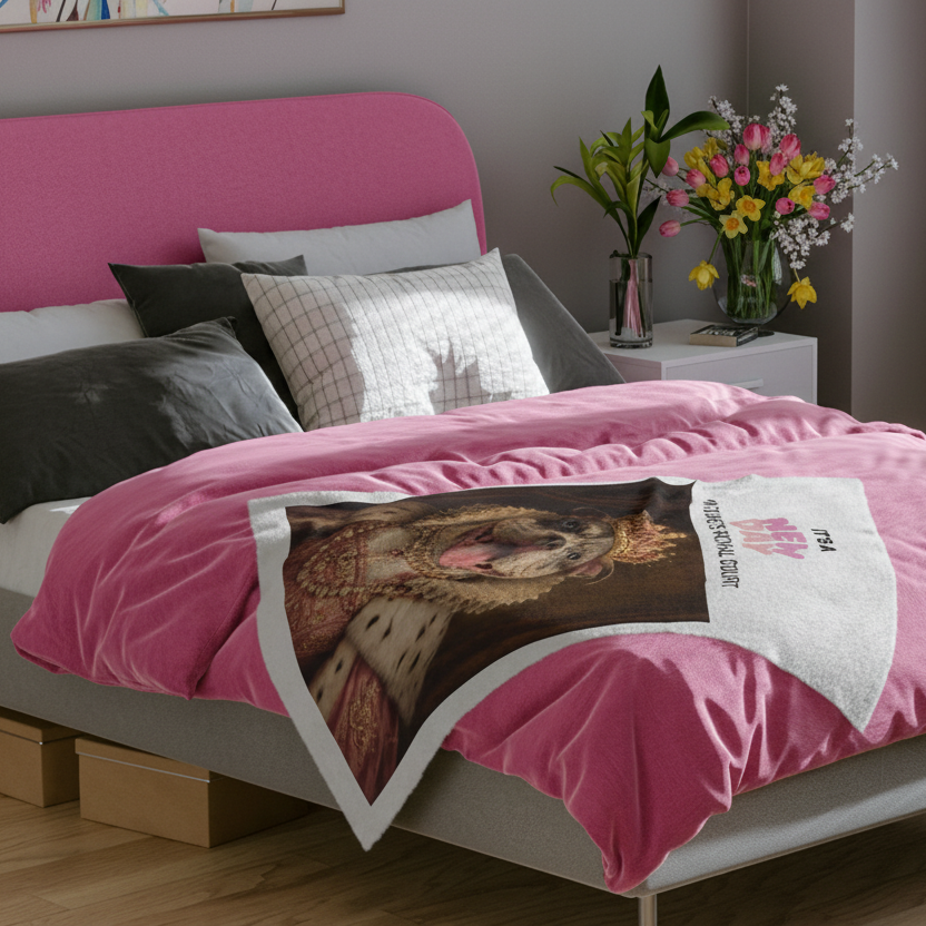 Bed with pink bedding and a Queen June print bed throw, surrounded by decorative elements.