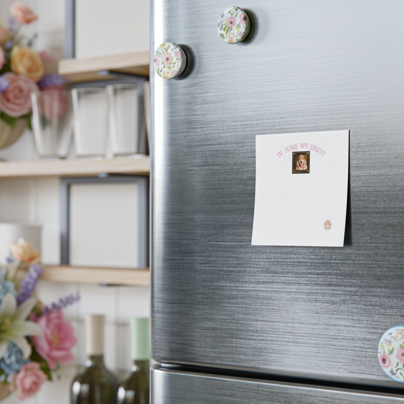 Fridge with magnets and a sticky note attached, kitchen setting
