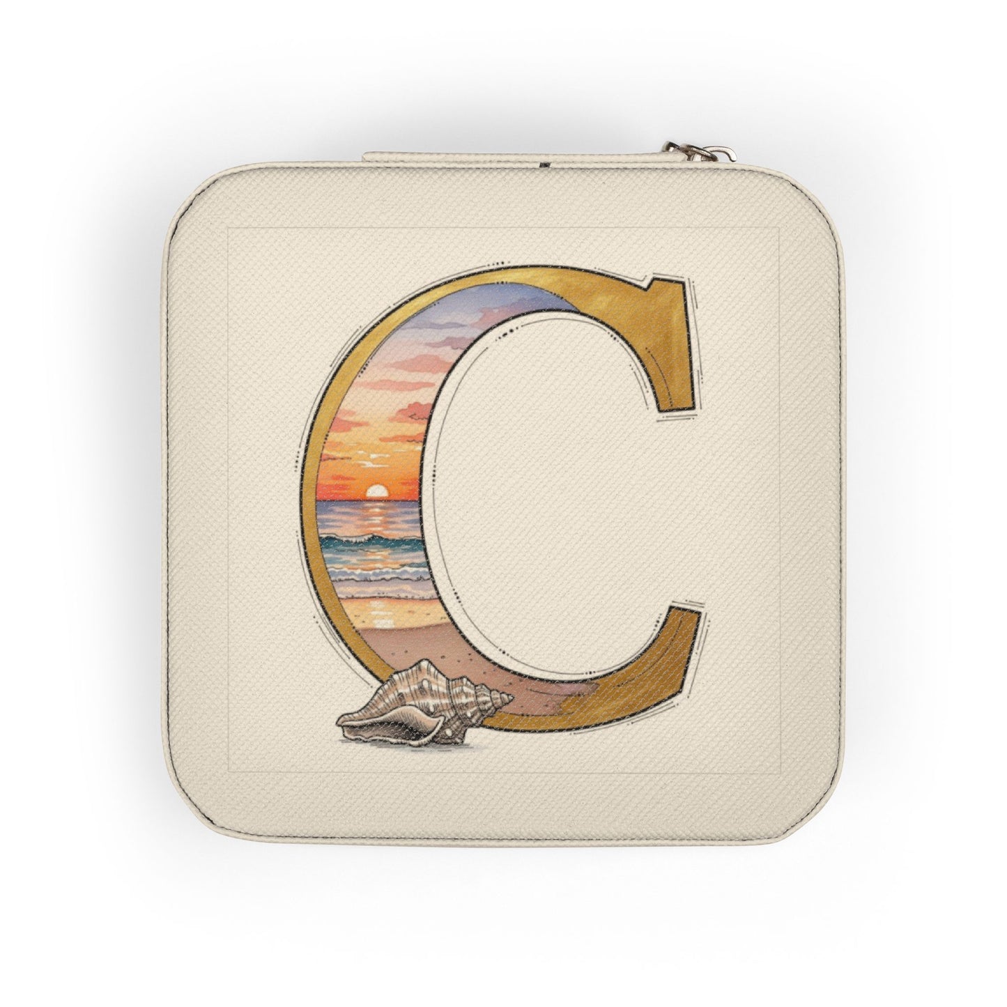 Jewelry travel case - Beige pouch with letter 'C' design featuring a sunset and shell on a white background