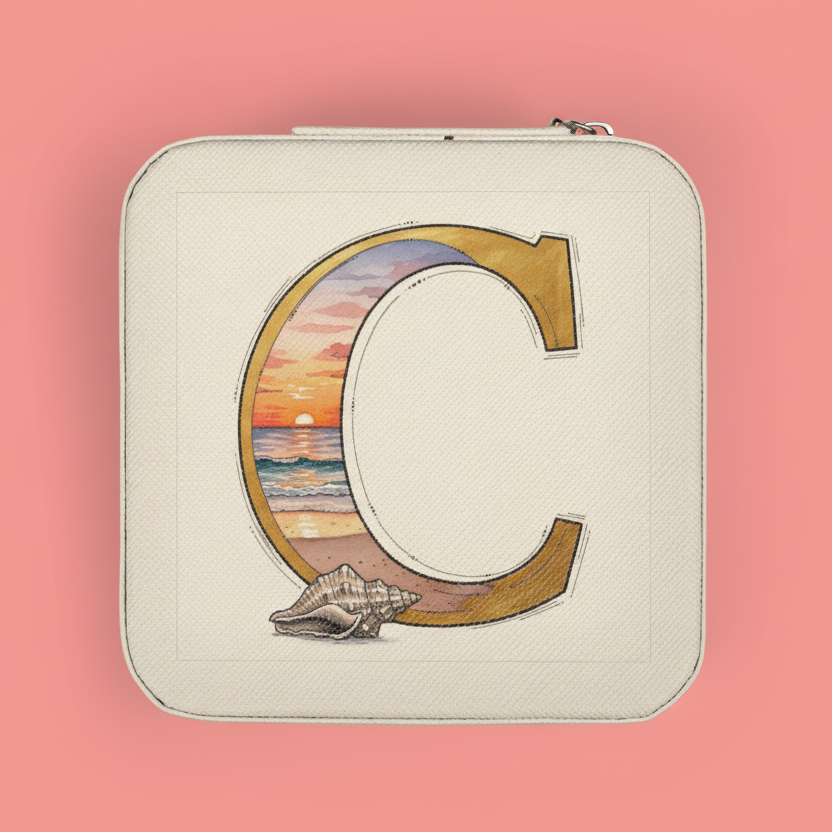 Square jewelry travel case pouch with letter 'C' design featuring a sunset and shell on a pink background