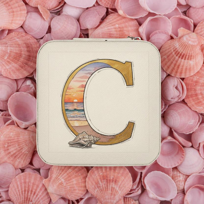 Jewelry travel case - Square pouch with letter 'C' design on a background of pink seashells
