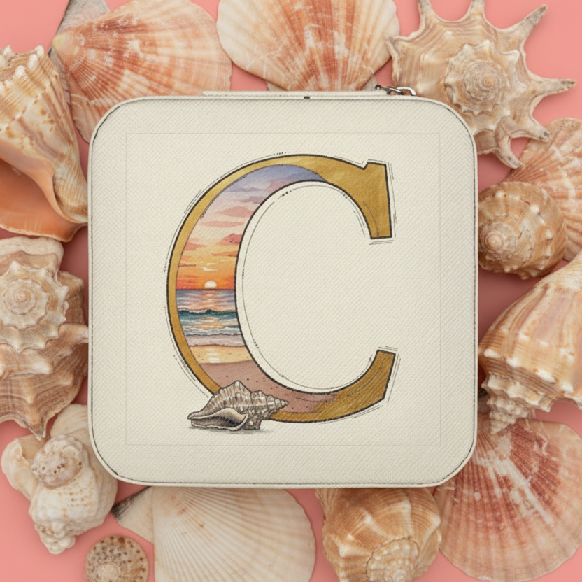 Square pouch with letter 'c' design on seashells