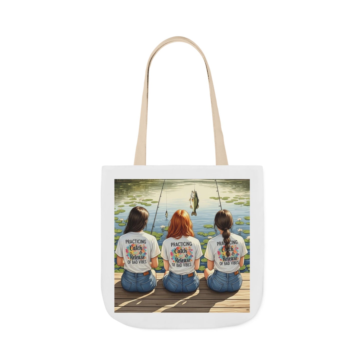 Tote bag with a printed design of three women fishing on a dock.