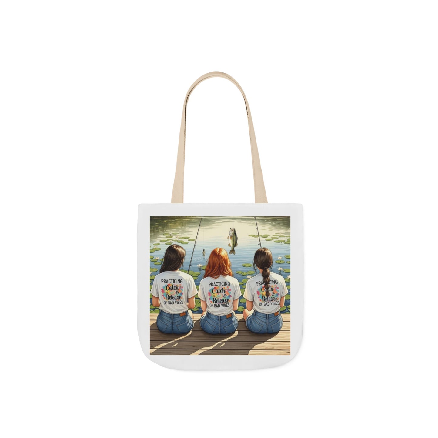 Tote bag with a printed design of three women fishing on a dock.