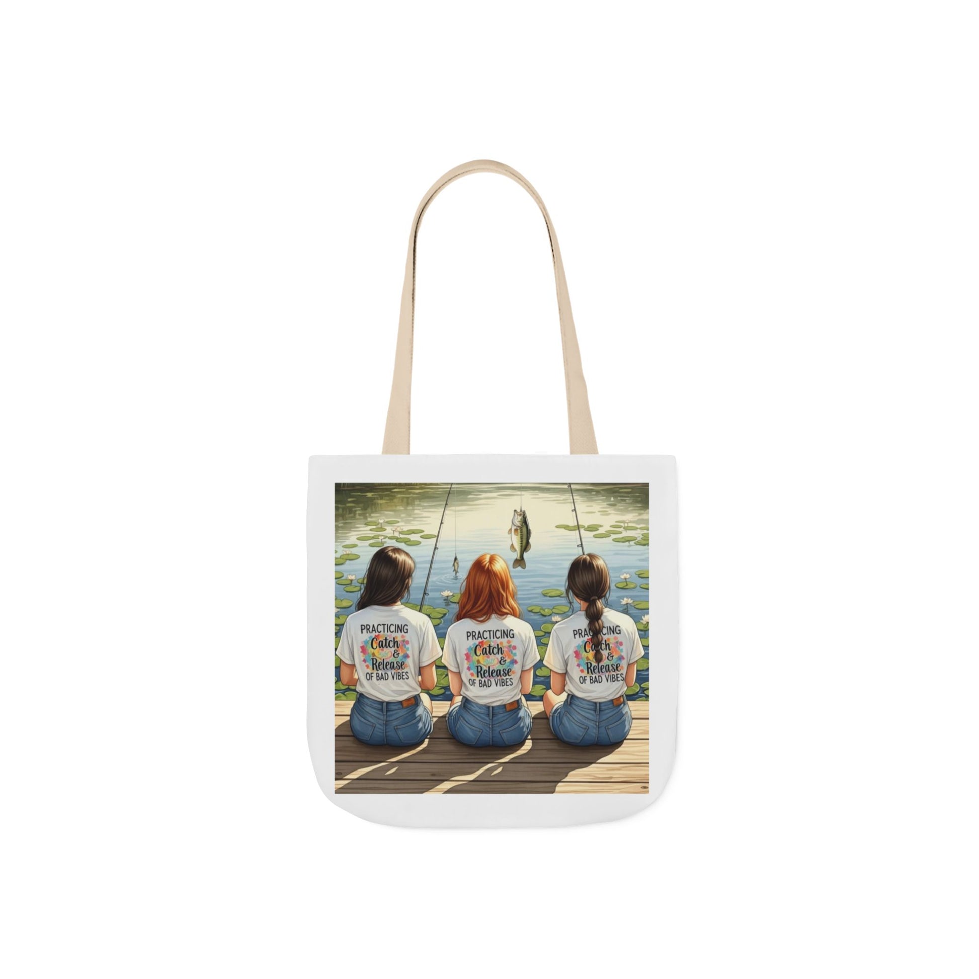 Tote bag with a printed design of three women fishing on a dock.