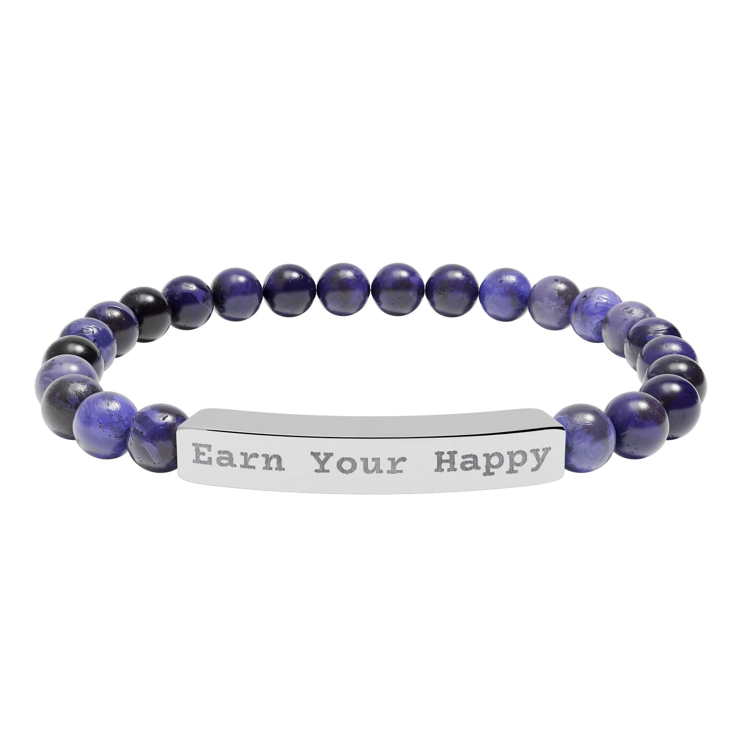 Natural Stone stretch beaded bracelet and a silver bar engraved message reading 'Earn Your Happy' on a white background