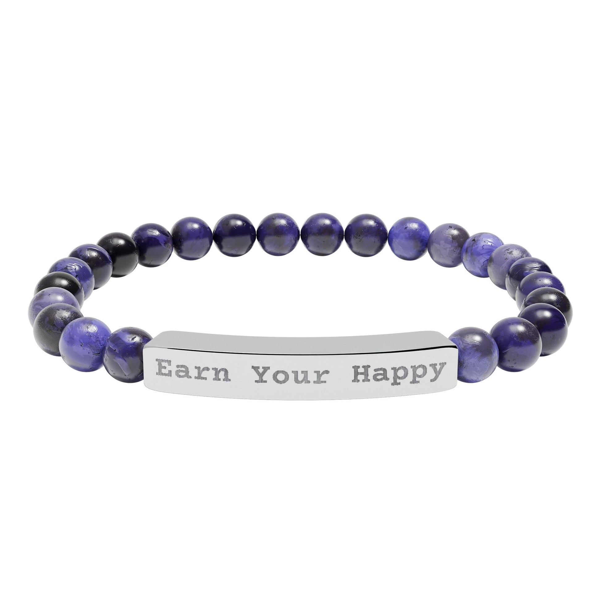 Natural Stone stretch beaded bracelet and a silver bar engraved message reading 'Earn Your Happy' on a white background